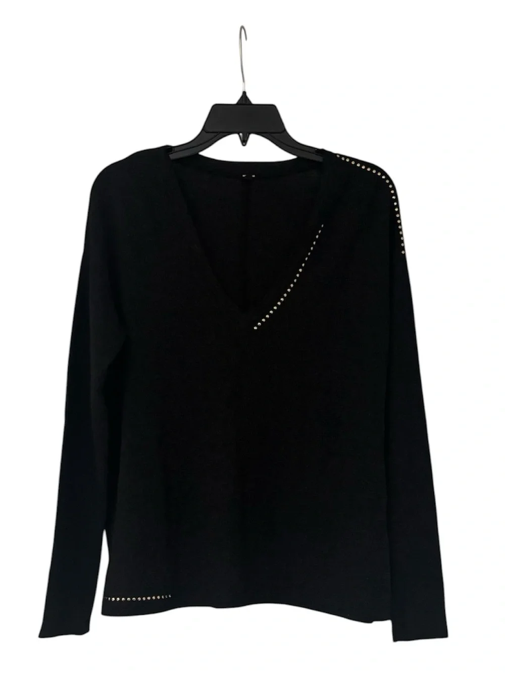 MONROW Black Ribbed V Neck Sweater with Gold Stud Detailing